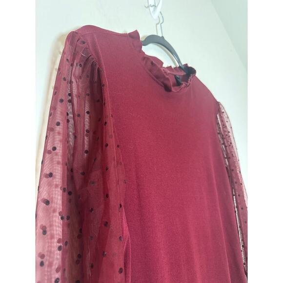 Burgandy Women's Sweater Size XL with sheer polka dot Bishop Sleeves - Picture 2 of 8